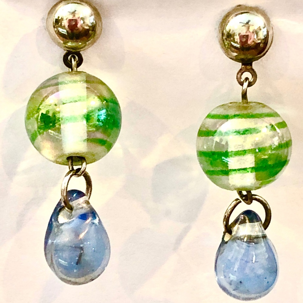 3/$32 VTG 90s Striped Ball & Blue Teardrop Blown Glass Dangle Pierced Earrings